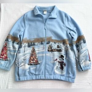 Winter blue snow holiday Christmas zip up fleece jacket with pockets size Large